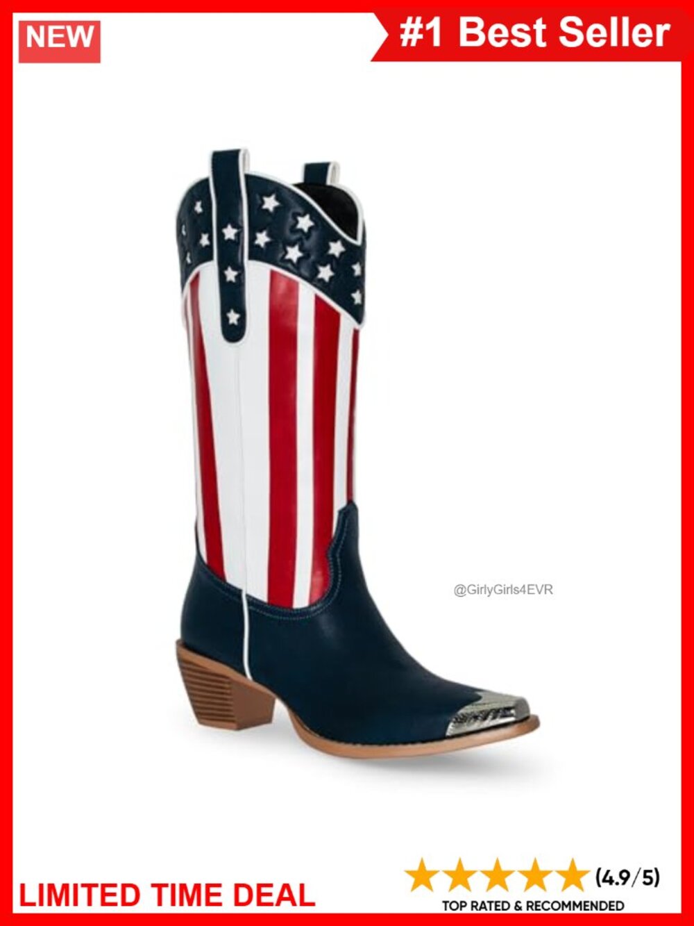 Womens American Flag Cowboy Boots Mid Calf Pointed Toe Western Boots
